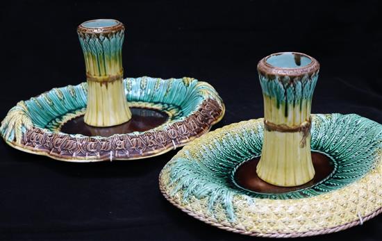 Two majolica bread dishes and a pair of vases